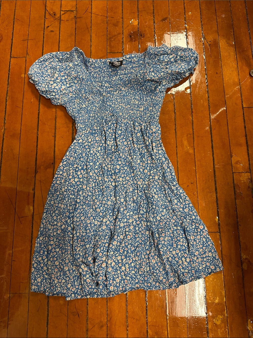 Angie Blue Floral Smocked Midi Dress with Puff Sleeves